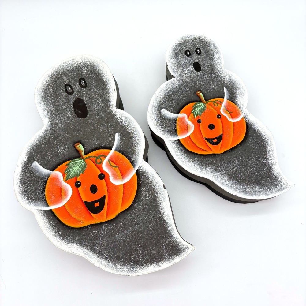 Vintage Ghost Pumpkin Paper Machet Nesting Boxes Halloween Decor Set of 2